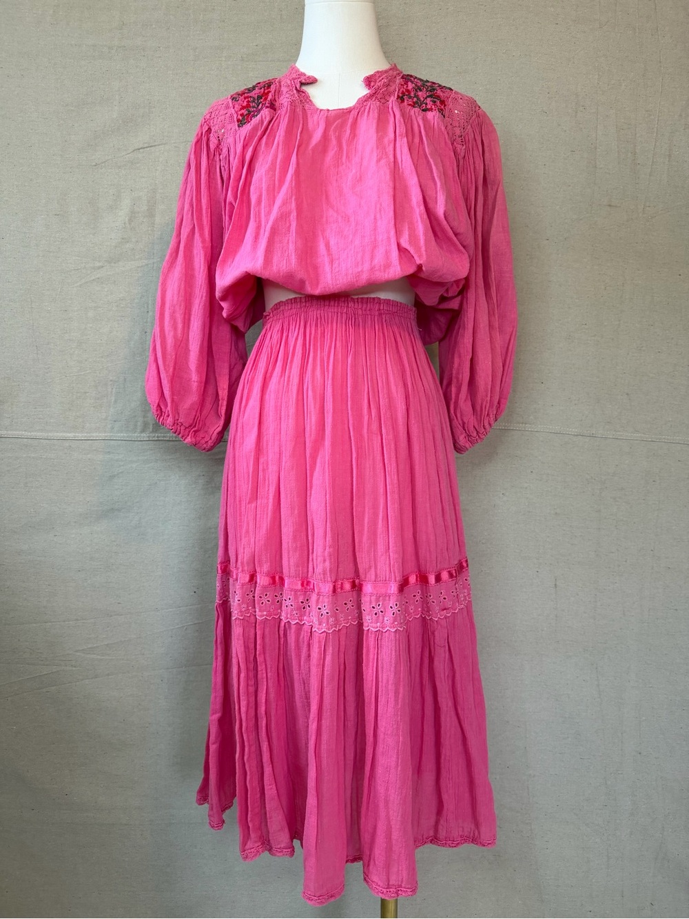 Vintage Bright Pink Women's Tiered Midi Skirt and embroidered and crocheted top